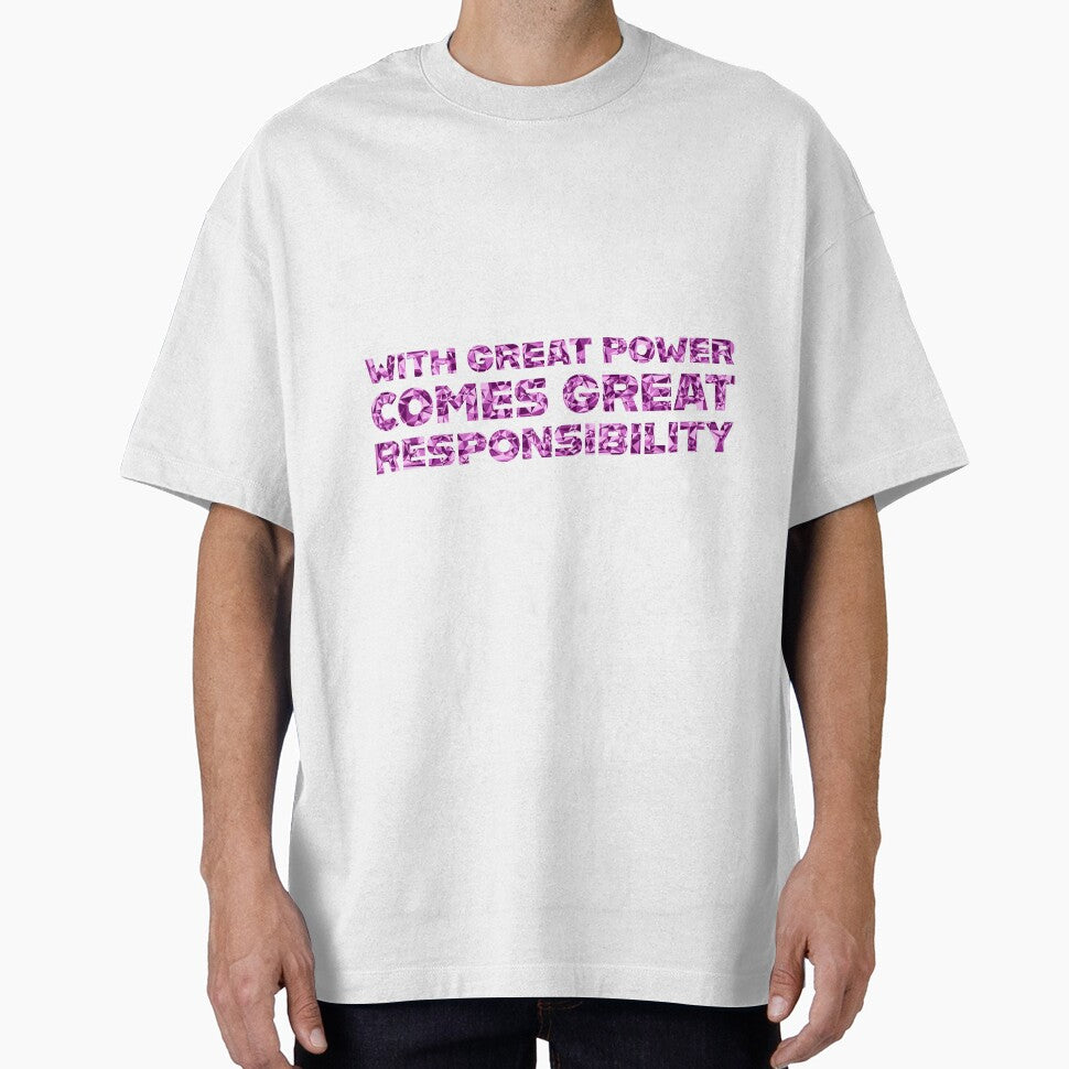 "With Great Power Comes Great Responsibilty" Inspirational Quote Pink Triangular Mosaic Design Retro Style Tee