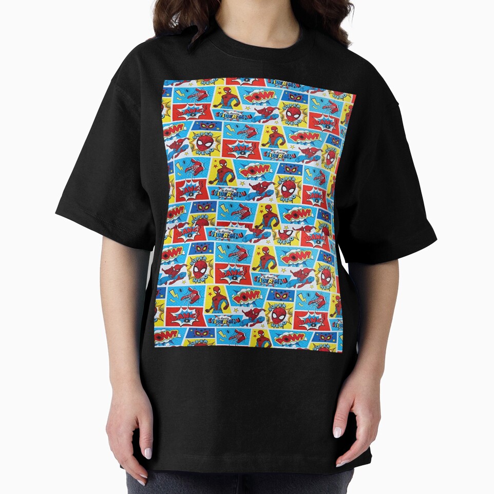 A Fun and Colorful Pattern Featuring Iconic Superheroe Spiderman and Action Phrases in Bright Comic Book Style Classic Graphic Shirt