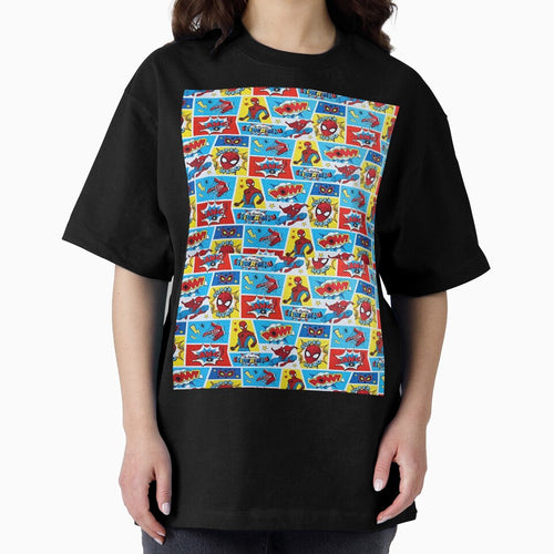 A Fun and Colorful Pattern Featuring Iconic Superheroe Spiderman and Action Phrases in Bright Comic Book Style Classic Graphic Shirt