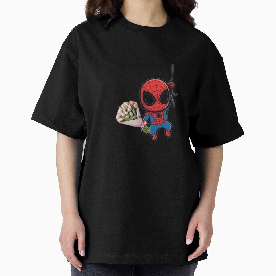 Cute Chibi Spider-Man Holding a Pink Tulip Bouquet Casual Print T-Shirt