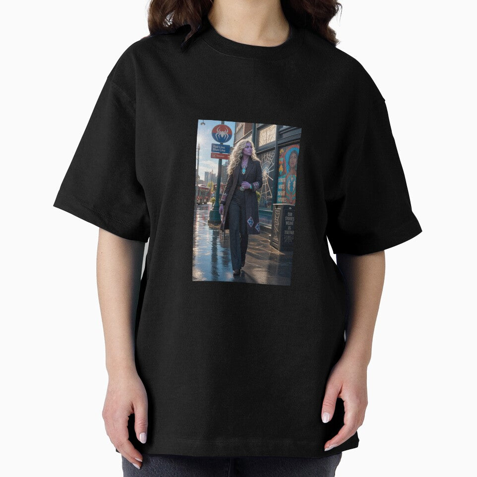 Blonde Woman in Black Coat Spiderman Brand New Day Casual Print T-Shirt