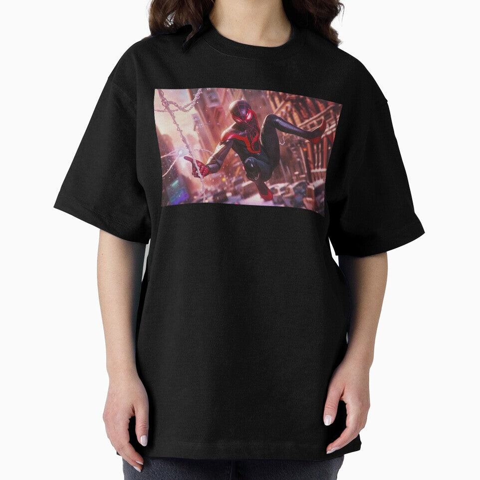Black Red Spider Hero Swinging Through City | Cyber Spider Fan Art | Urban Superhero Action Illustration Retro Style Tee