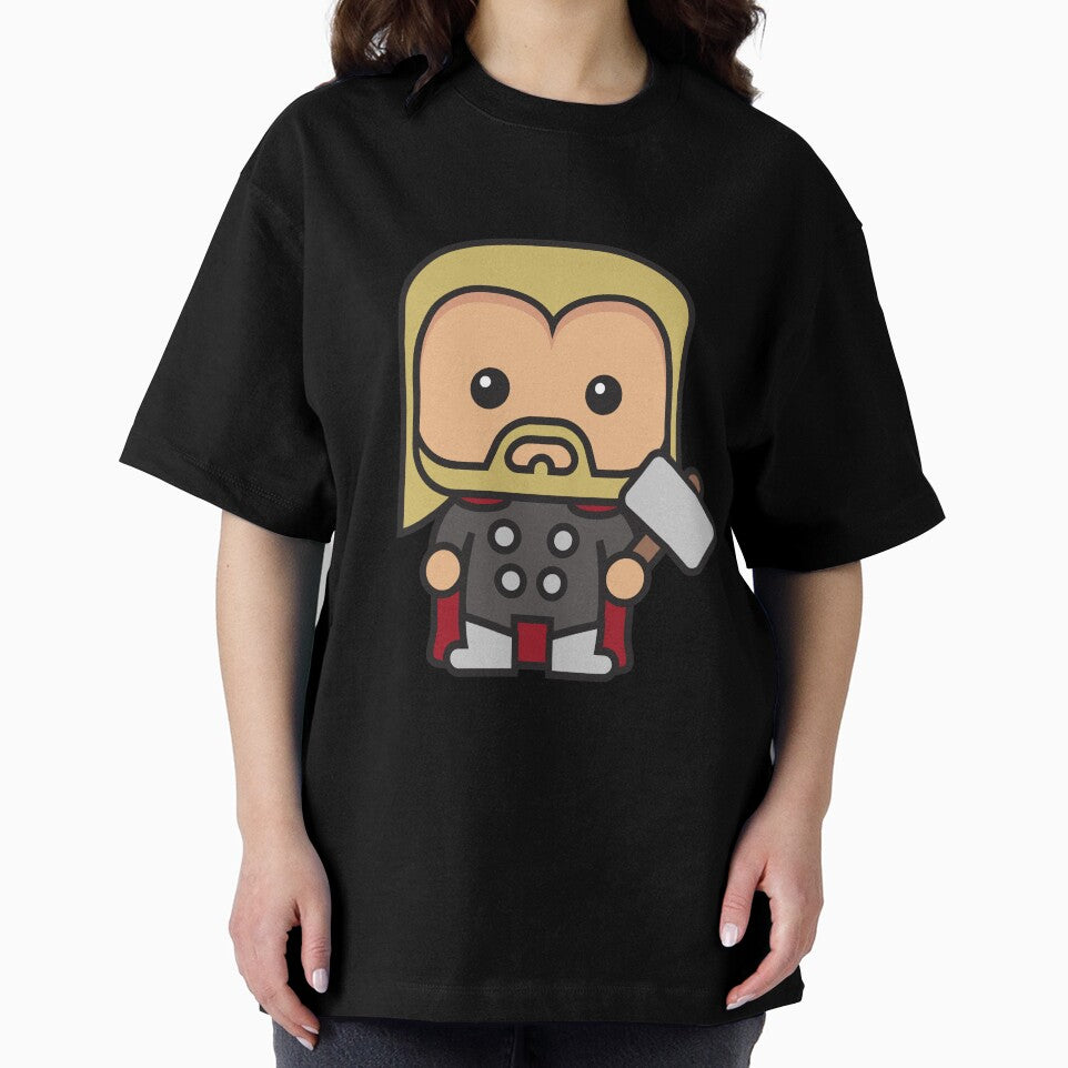 Cute Thunder God Chibi ÿ Kawaii Hammer Hero Cartoon | Myth Inspired Superhero Design Retro Style Tee