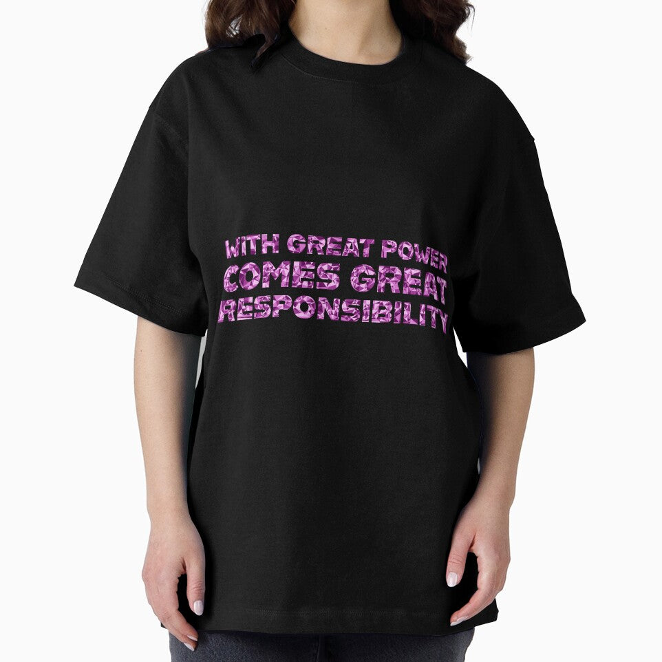 "With Great Power Comes Great Responsibilty" Inspirational Quote Pink Triangular Mosaic Design Retro Style Tee