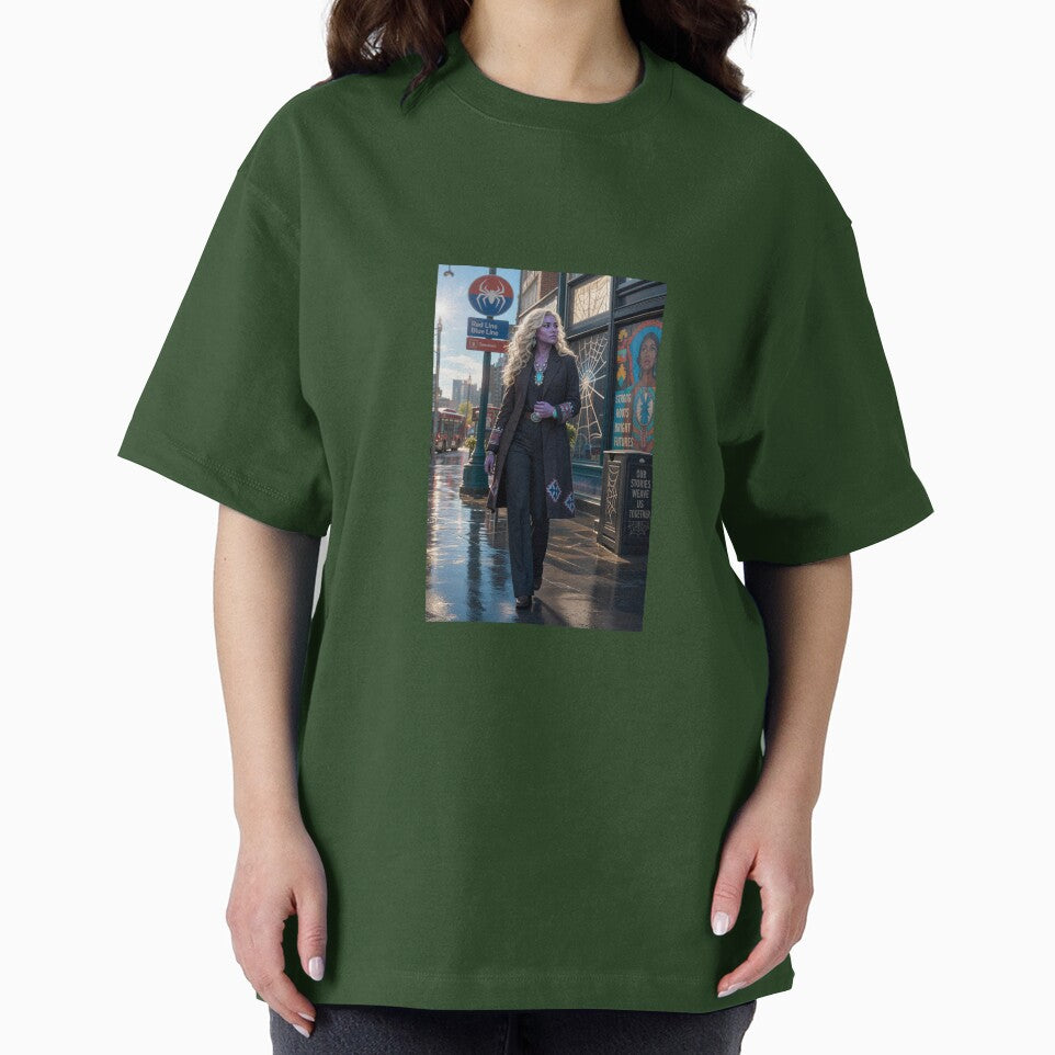 Blonde Woman in Black Coat Spiderman Brand New Day Casual Print T-Shirt