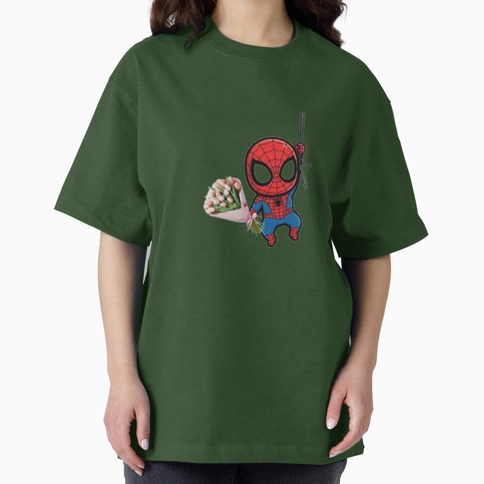 Cute Chibi Spider-Man Holding a Pink Tulip Bouquet Casual Print T-Shirt