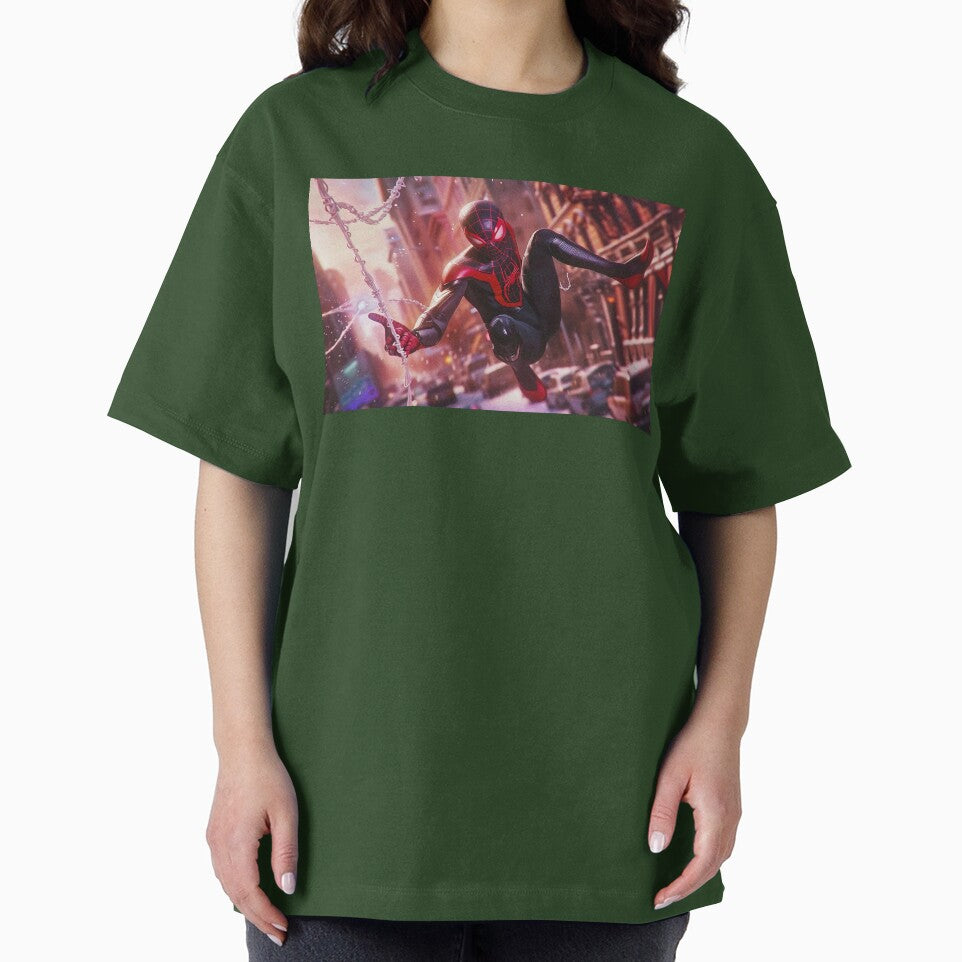 Black Red Spider Hero Swinging Through City | Cyber Spider Fan Art | Urban Superhero Action Illustration Retro Style Tee