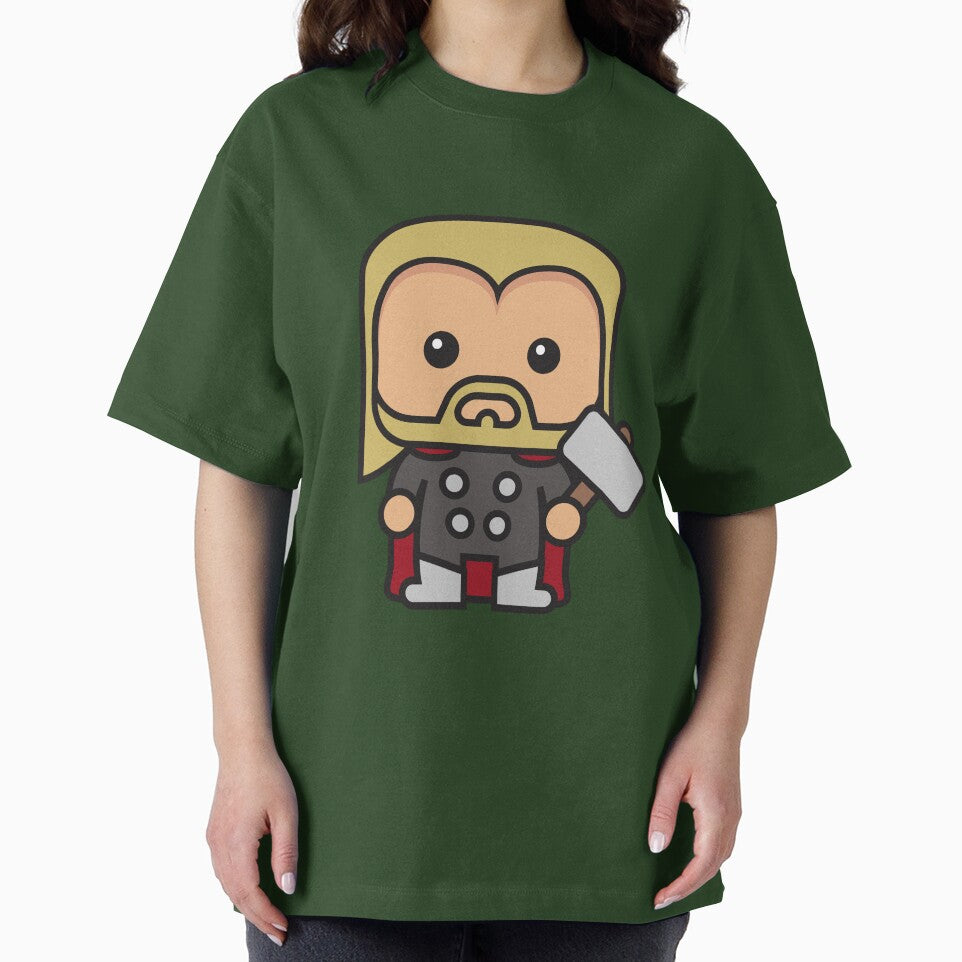 Cute Thunder God Chibi ÿ Kawaii Hammer Hero Cartoon | Myth Inspired Superhero Design Retro Style Tee