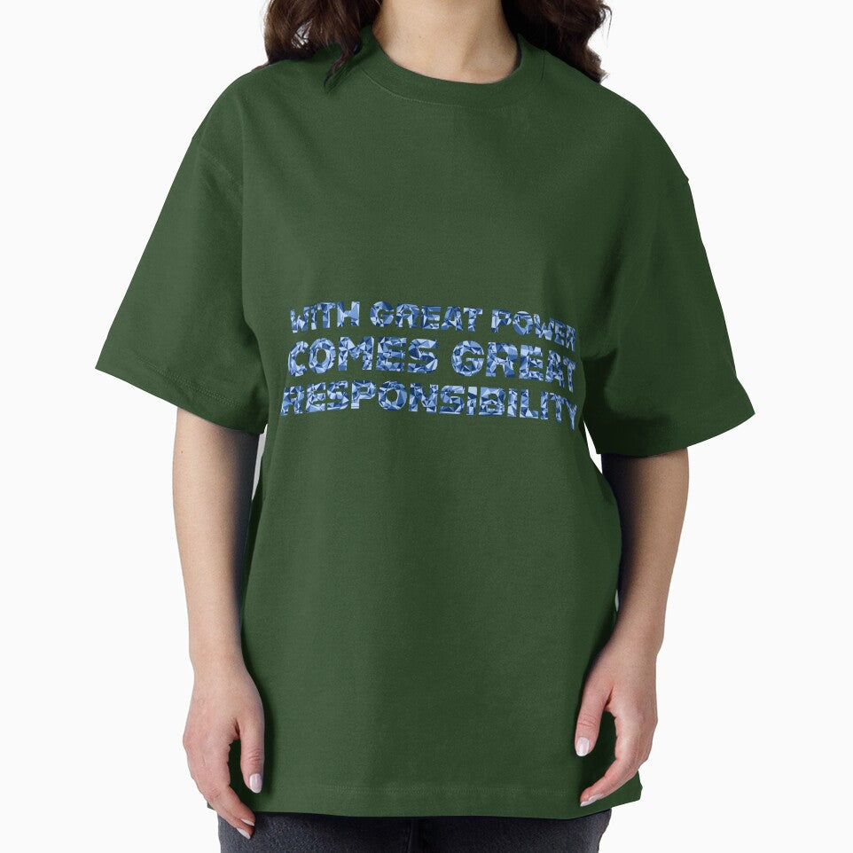 "With Great Power Comes Great Responsibilty" Inspirational Quote Blue Triangular Mosaic Design Casual Print T-Shirt