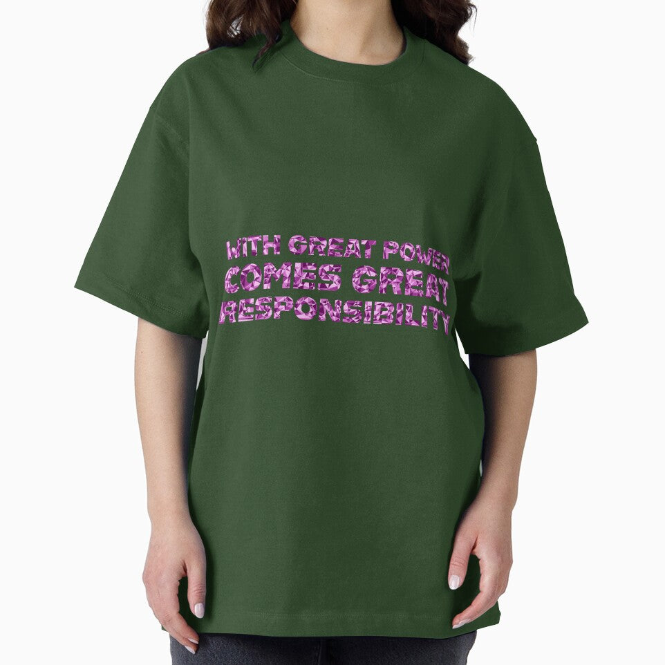 "With Great Power Comes Great Responsibilty" Inspirational Quote Pink Triangular Mosaic Design Retro Style Tee