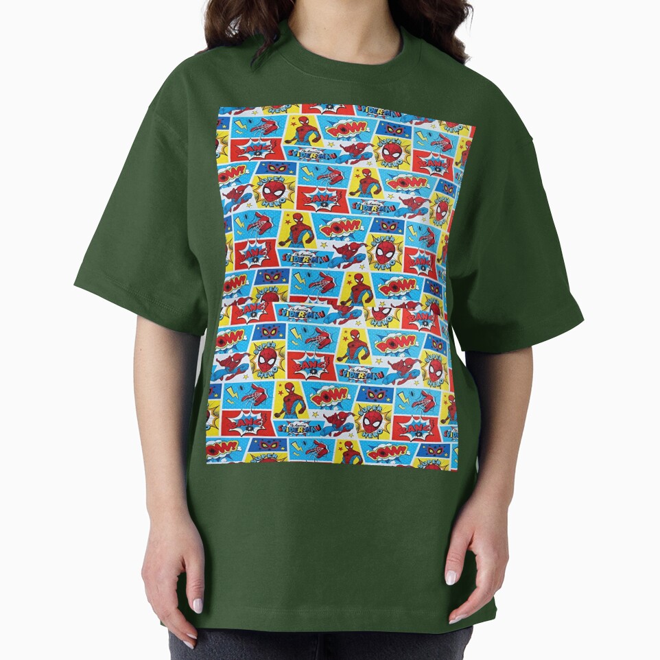 A Fun and Colorful Pattern Featuring Iconic Superheroe Spiderman and Action Phrases in Bright Comic Book Style Classic Graphic Shirt