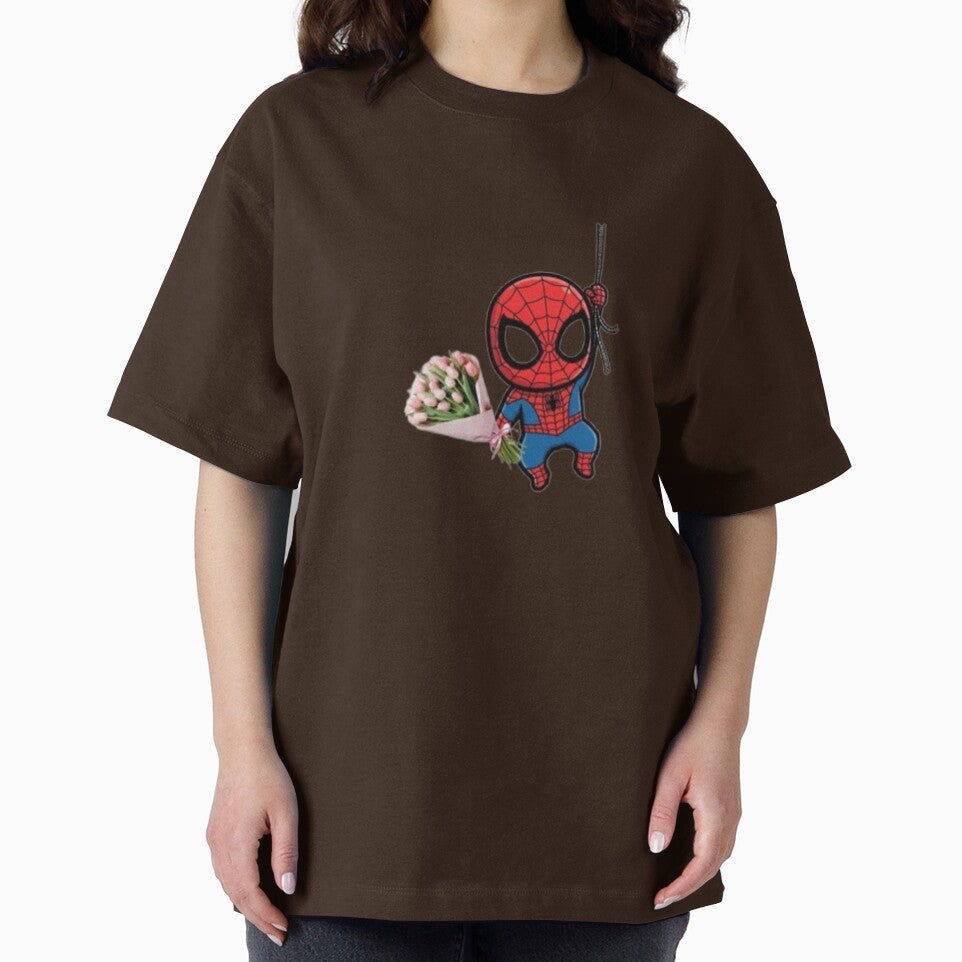 Cute Chibi Spider-Man Holding a Pink Tulip Bouquet Casual Print T-Shirt