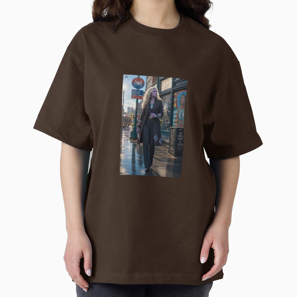 Blonde Woman in Black Coat Spiderman Brand New Day Casual Print T-Shirt