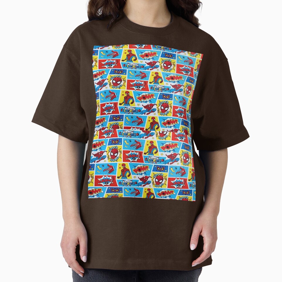 A Fun and Colorful Pattern Featuring Iconic Superheroe Spiderman and Action Phrases in Bright Comic Book Style Classic Graphic Shirt