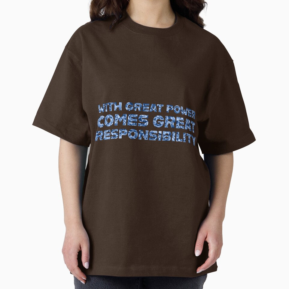 "With Great Power Comes Great Responsibilty" Inspirational Quote Blue Triangular Mosaic Design Casual Print T-Shirt