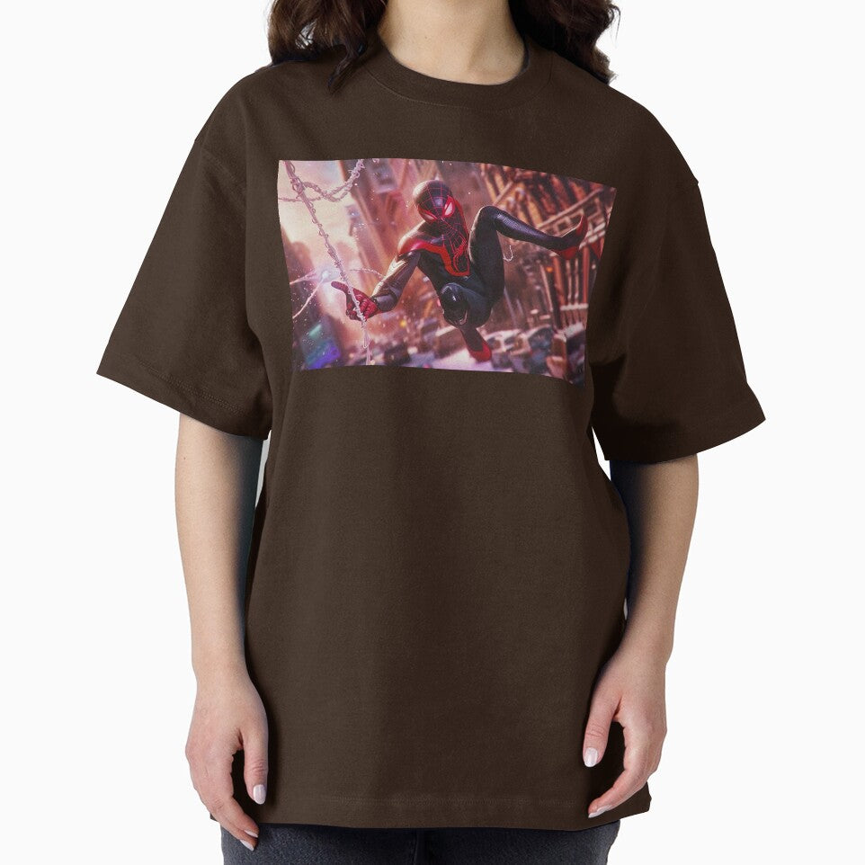 Black Red Spider Hero Swinging Through City | Cyber Spider Fan Art | Urban Superhero Action Illustration Retro Style Tee