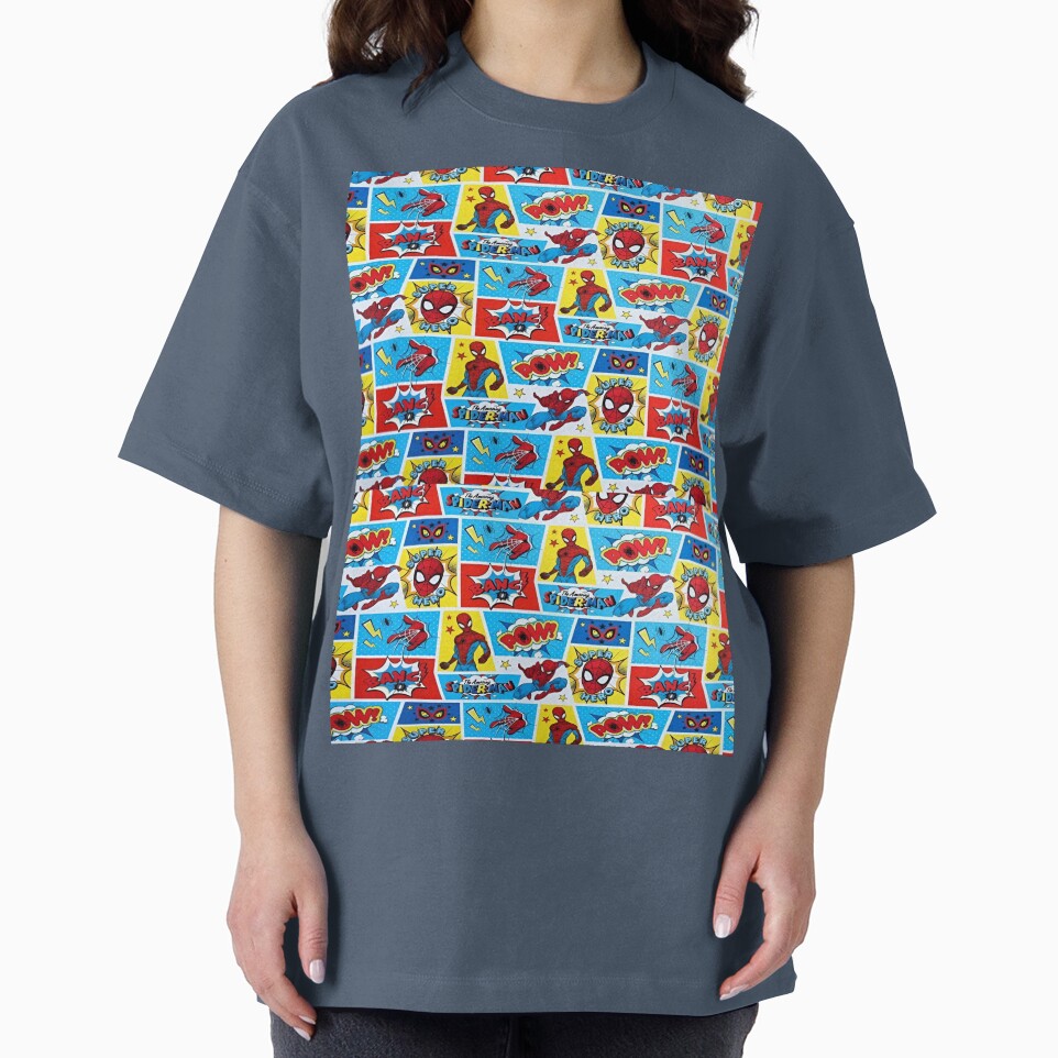 A Fun and Colorful Pattern Featuring Iconic Superheroe Spiderman and Action Phrases in Bright Comic Book Style Classic Graphic Shirt