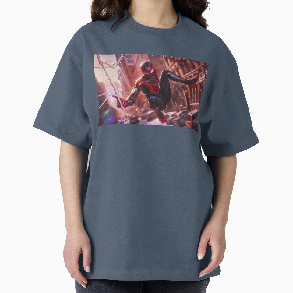 Black Red Spider Hero Swinging Through City | Cyber Spider Fan Art | Urban Superhero Action Illustration Retro Style Tee