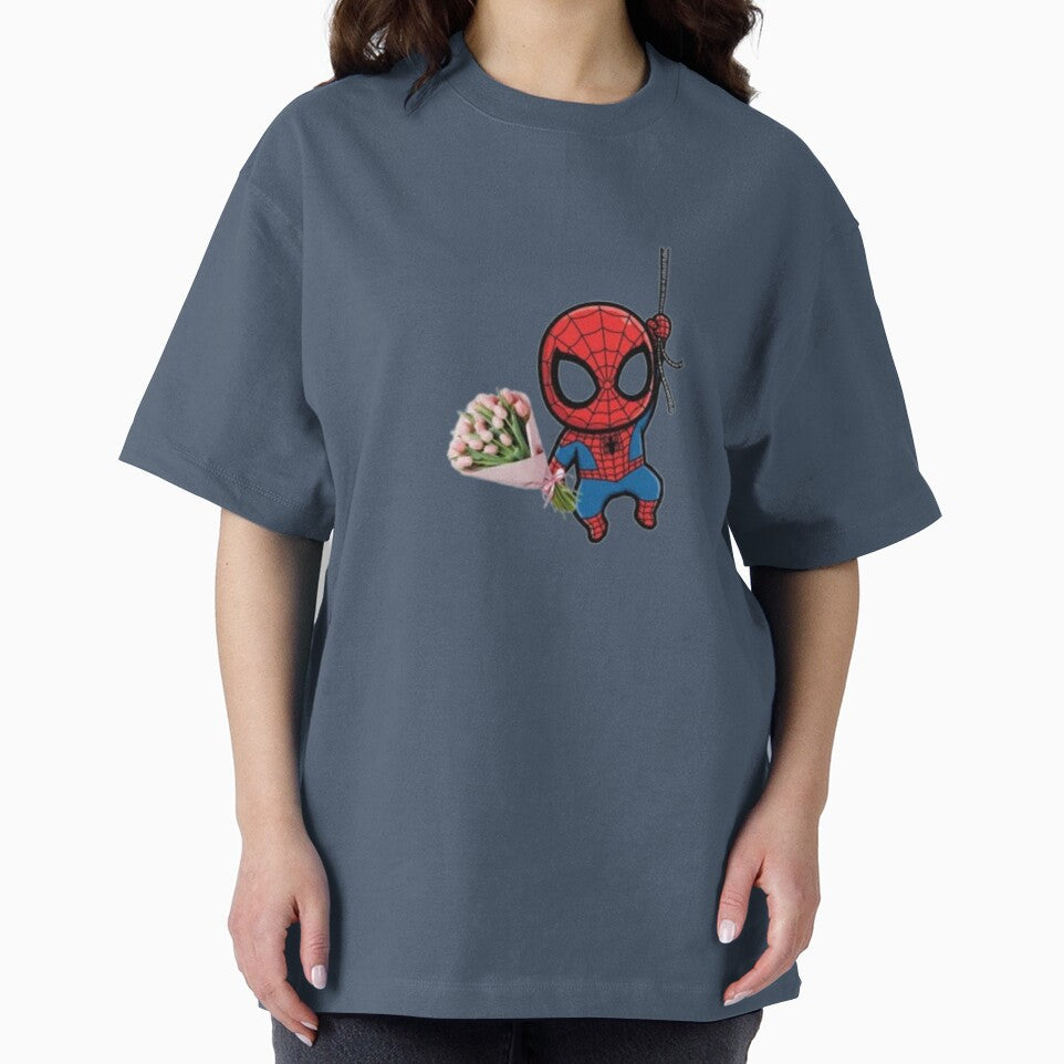 Cute Chibi Spider-Man Holding a Pink Tulip Bouquet Casual Print T-Shirt