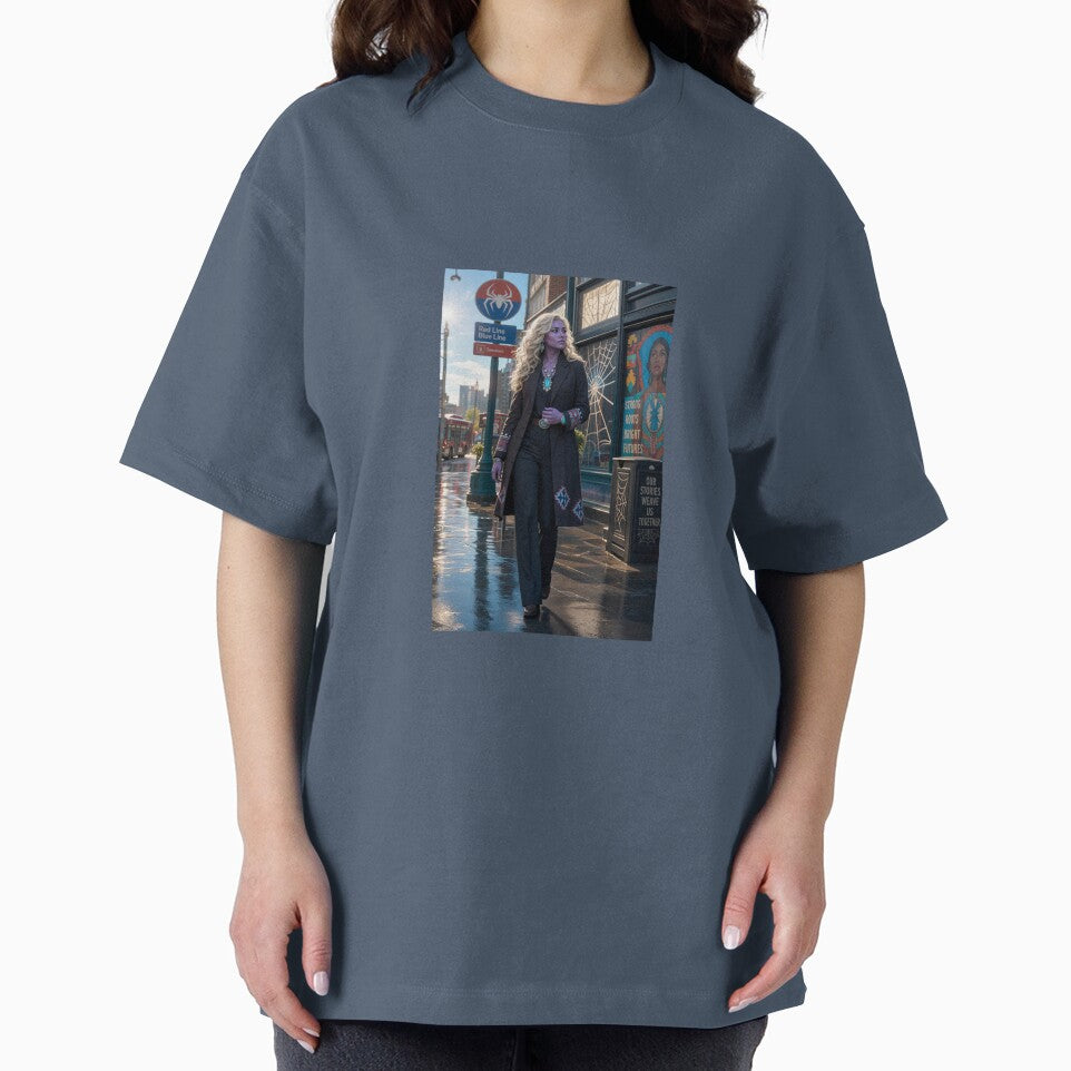 Blonde Woman in Black Coat Spiderman Brand New Day Casual Print T-Shirt