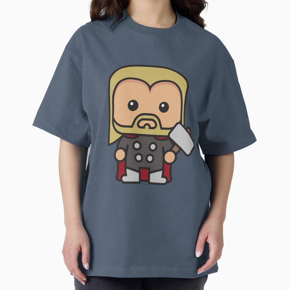Cute Thunder God Chibi ÿ Kawaii Hammer Hero Cartoon | Myth Inspired Superhero Design Retro Style Tee