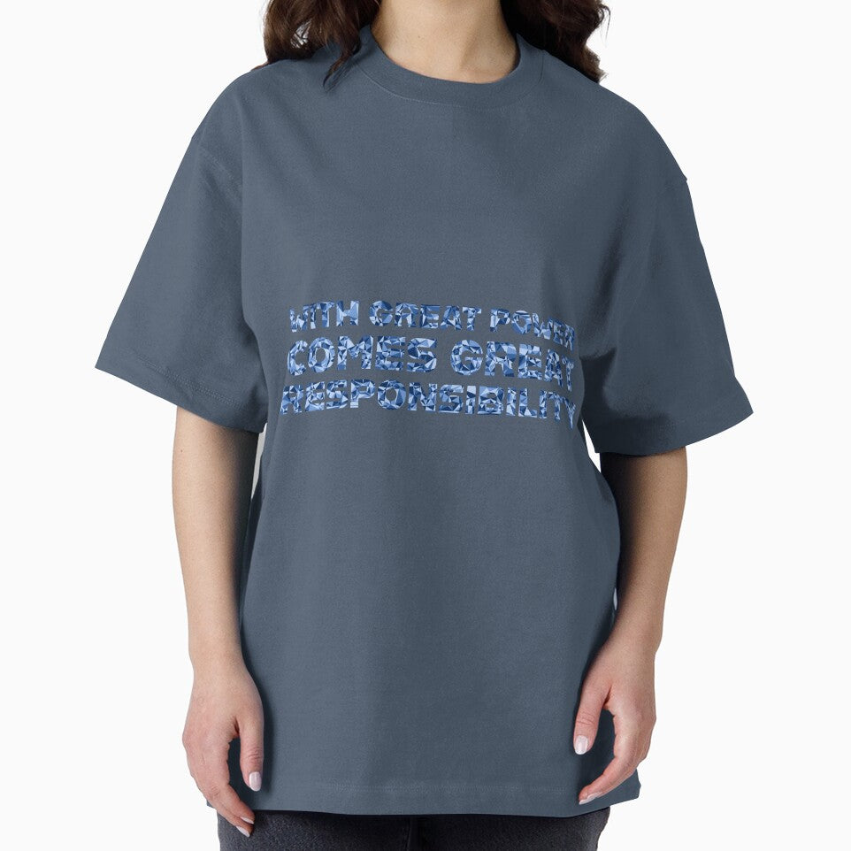 "With Great Power Comes Great Responsibilty" Inspirational Quote Blue Triangular Mosaic Design Casual Print T-Shirt