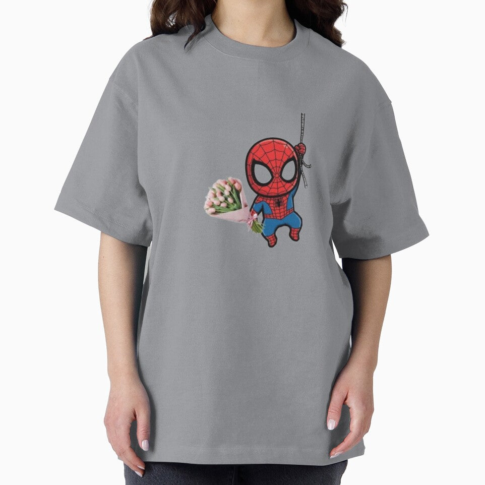 Cute Chibi Spider-Man Holding a Pink Tulip Bouquet Casual Print T-Shirt
