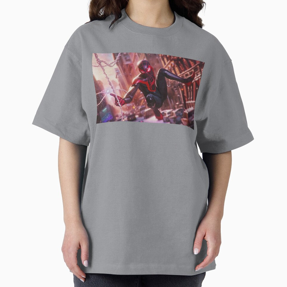 Black Red Spider Hero Swinging Through City | Cyber Spider Fan Art | Urban Superhero Action Illustration Retro Style Tee