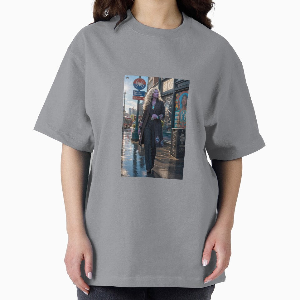 Blonde Woman in Black Coat Spiderman Brand New Day Casual Print T-Shirt
