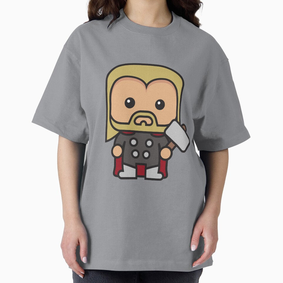 Cute Thunder God Chibi ÿ Kawaii Hammer Hero Cartoon | Myth Inspired Superhero Design Retro Style Tee
