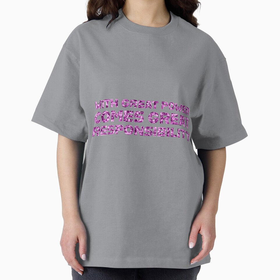 "With Great Power Comes Great Responsibilty" Inspirational Quote Pink Triangular Mosaic Design Retro Style Tee