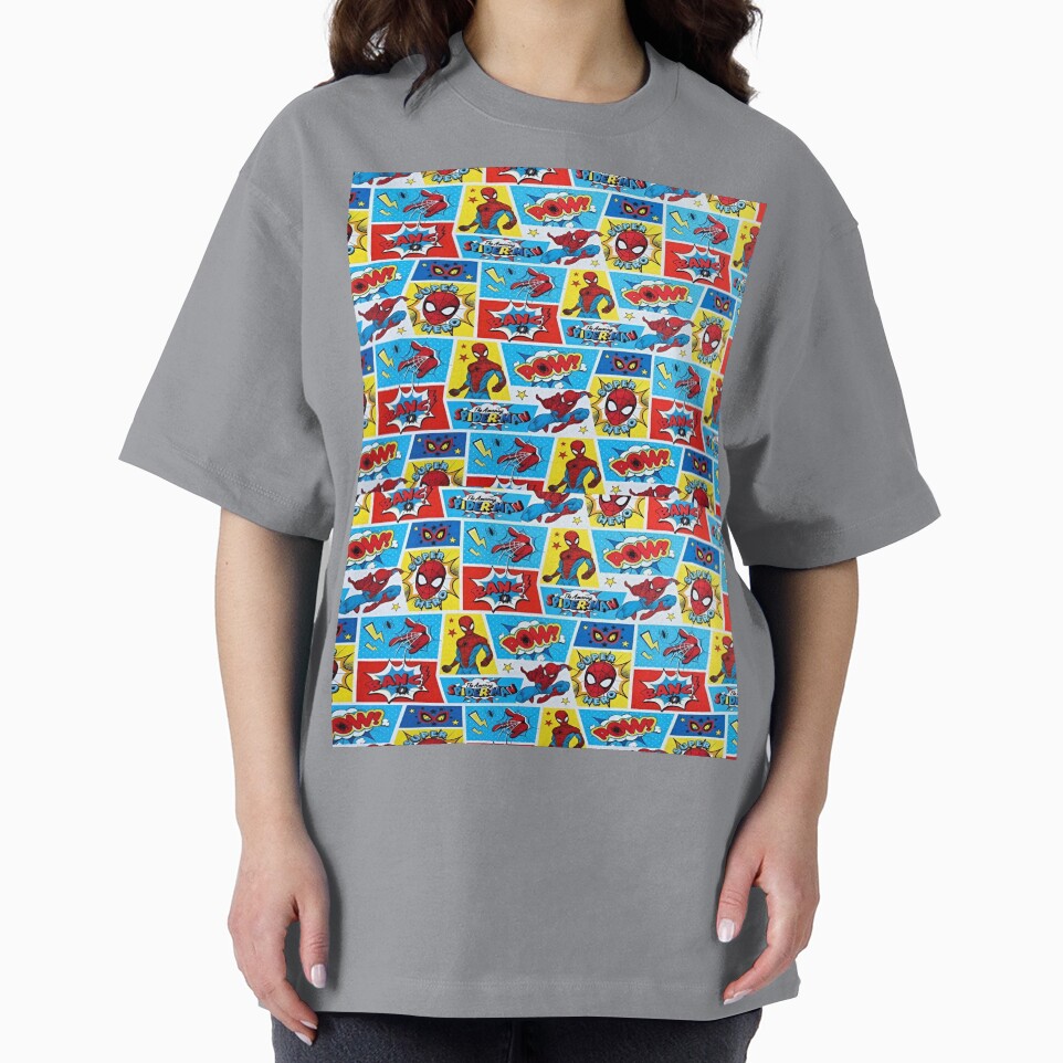 A Fun and Colorful Pattern Featuring Iconic Superheroe Spiderman and Action Phrases in Bright Comic Book Style Classic Graphic Shirt