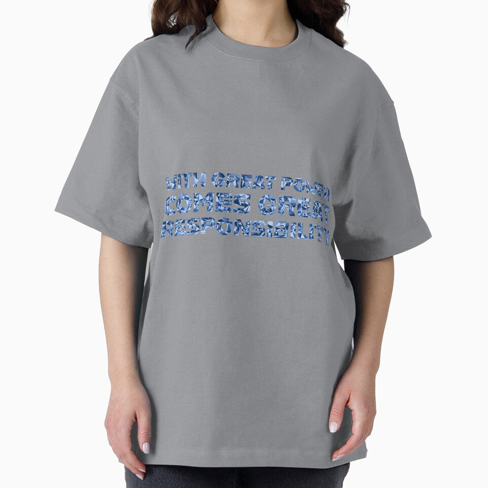 "With Great Power Comes Great Responsibilty" Inspirational Quote Blue Triangular Mosaic Design Casual Print T-Shirt