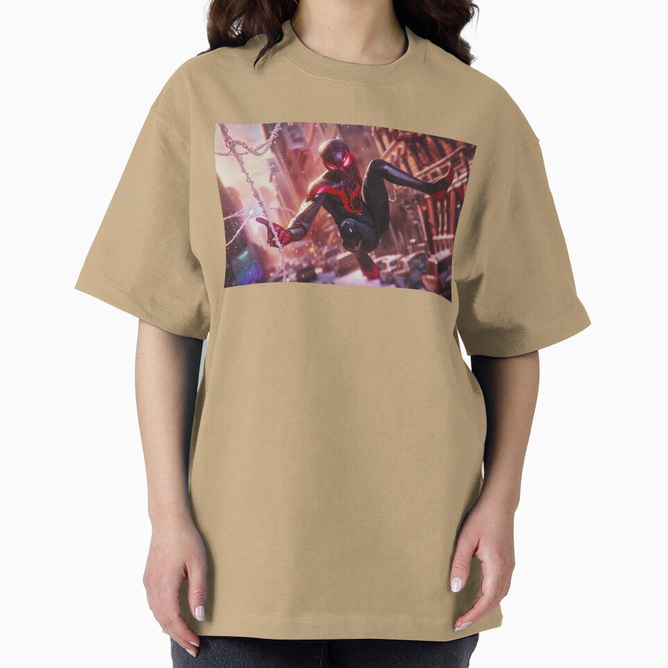 Black Red Spider Hero Swinging Through City | Cyber Spider Fan Art | Urban Superhero Action Illustration Retro Style Tee