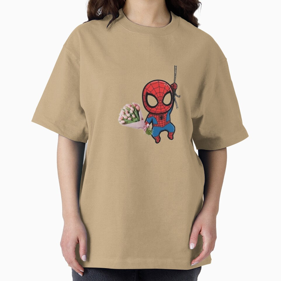 Cute Chibi Spider-Man Holding a Pink Tulip Bouquet Casual Print T-Shirt