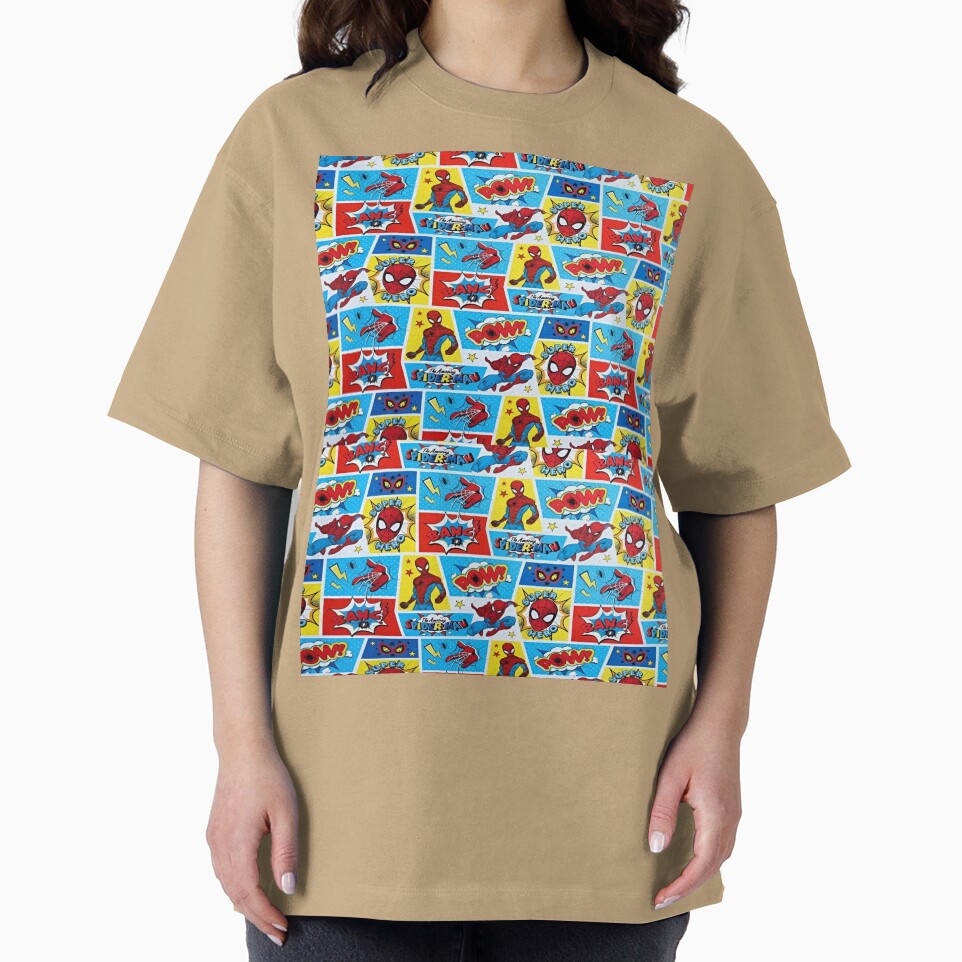 A Fun and Colorful Pattern Featuring Iconic Superheroe Spiderman and Action Phrases in Bright Comic Book Style Classic Graphic Shirt