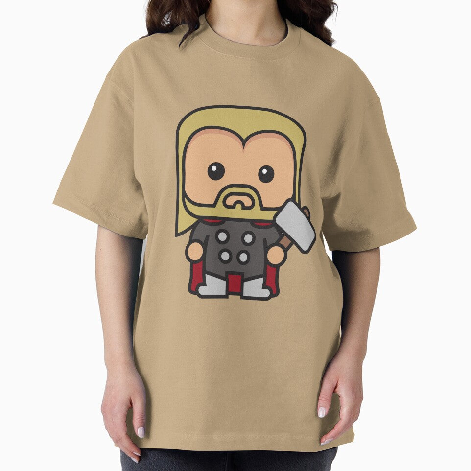 Cute Thunder God Chibi ÿ Kawaii Hammer Hero Cartoon | Myth Inspired Superhero Design Retro Style Tee
