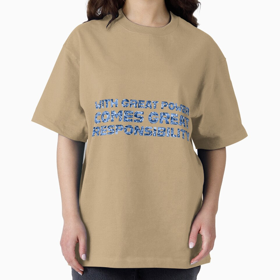 "With Great Power Comes Great Responsibilty" Inspirational Quote Blue Triangular Mosaic Design Casual Print T-Shirt