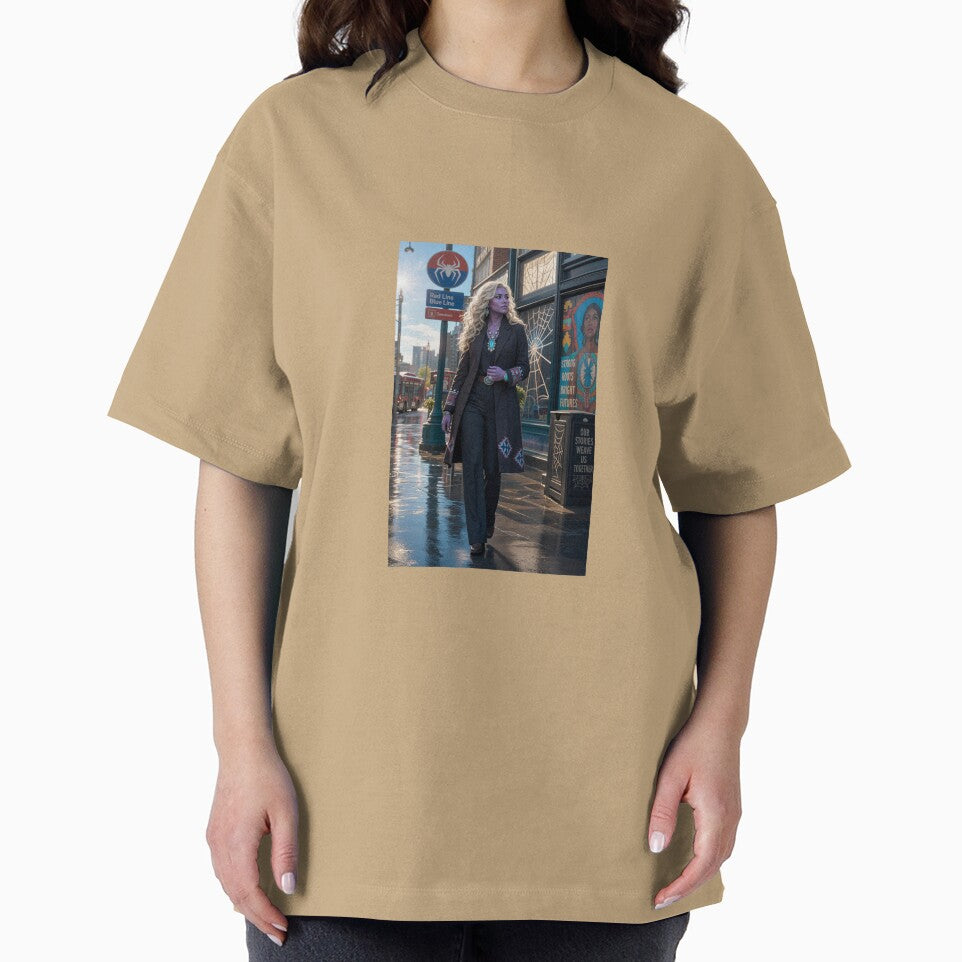 Blonde Woman in Black Coat Spiderman Brand New Day Casual Print T-Shirt