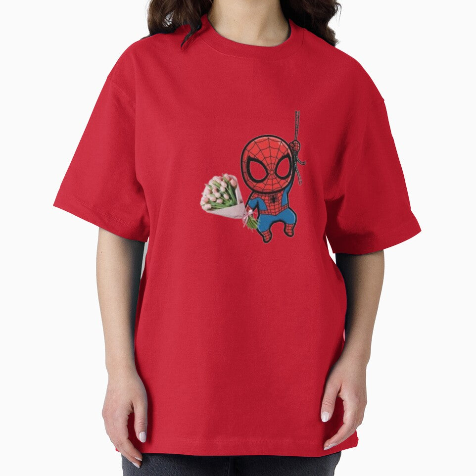 Cute Chibi Spider-Man Holding a Pink Tulip Bouquet Casual Print T-Shirt
