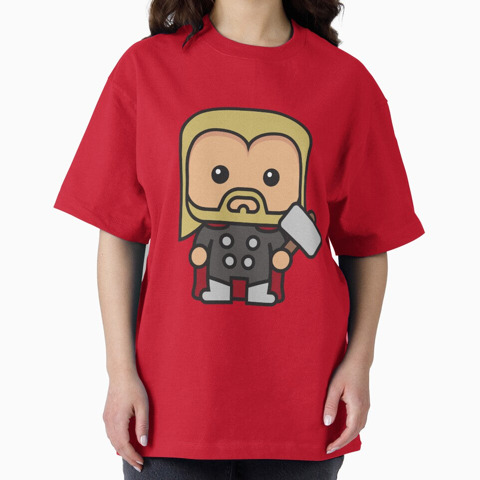Cute Thunder God Chibi ÿ Kawaii Hammer Hero Cartoon | Myth Inspired Superhero Design Retro Style Tee