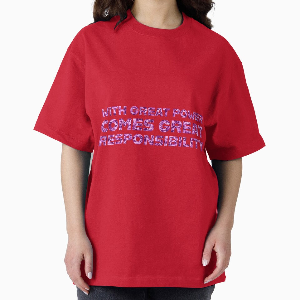 "With Great Power Comes Great Responsibilty" Inspirational Quote Pink Triangular Mosaic Design Retro Style Tee