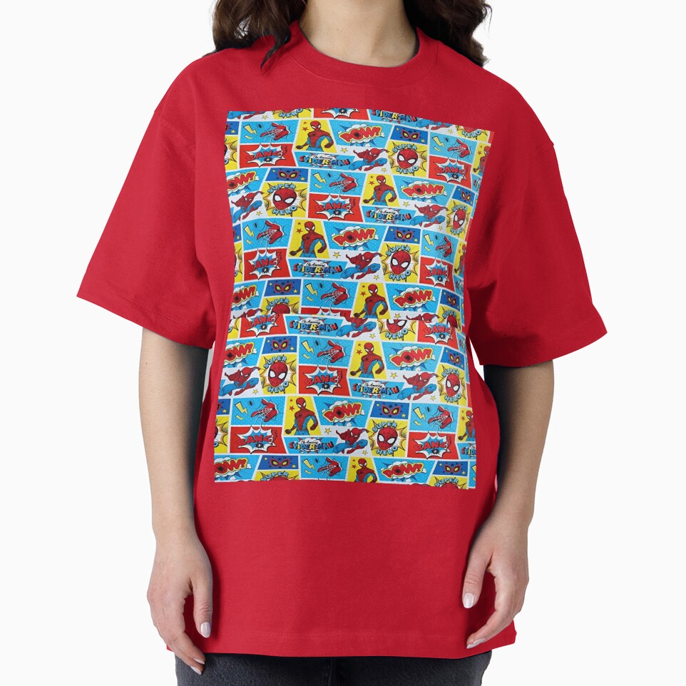 A Fun and Colorful Pattern Featuring Iconic Superheroe Spiderman and Action Phrases in Bright Comic Book Style Classic Graphic Shirt