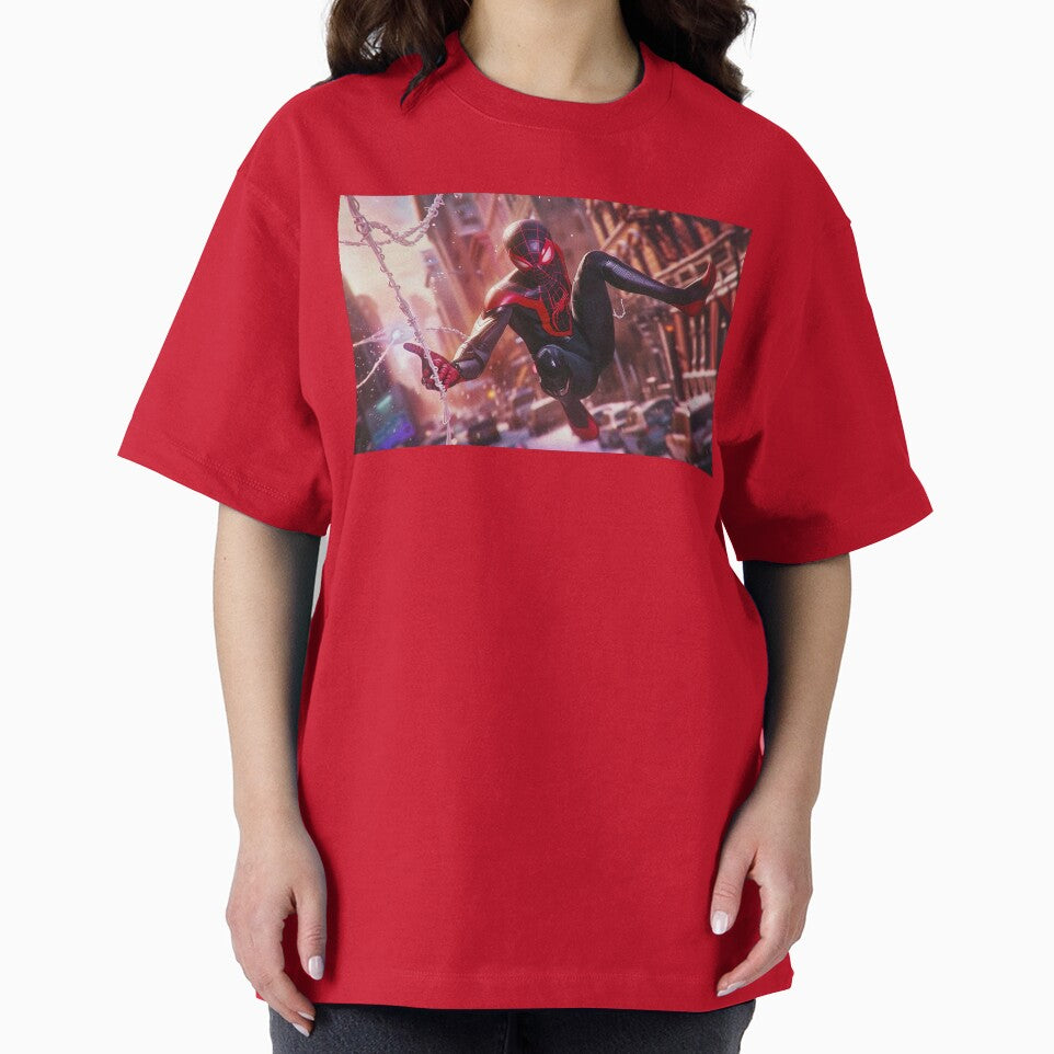 Black Red Spider Hero Swinging Through City | Cyber Spider Fan Art | Urban Superhero Action Illustration Retro Style Tee