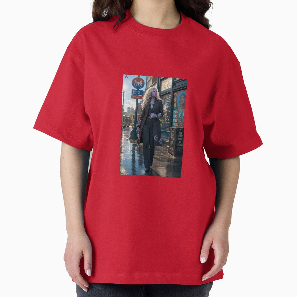 Blonde Woman in Black Coat Spiderman Brand New Day Casual Print T-Shirt