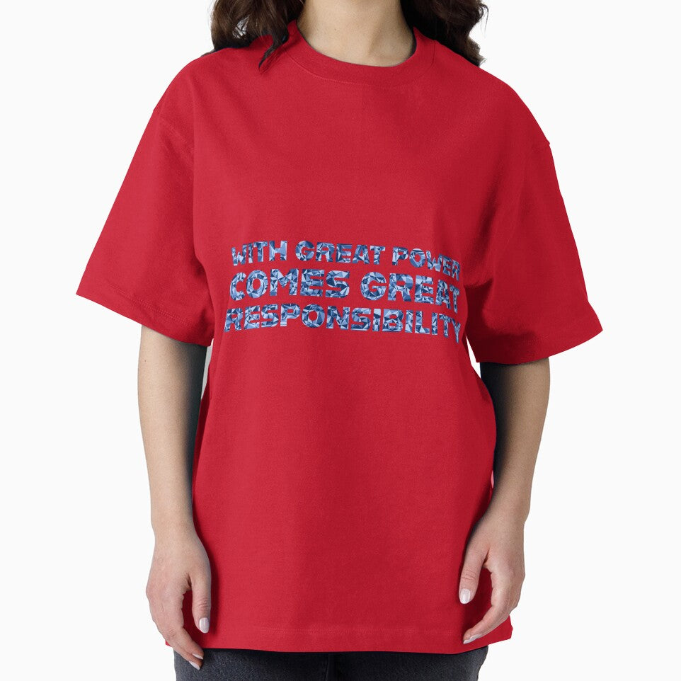"With Great Power Comes Great Responsibilty" Inspirational Quote Blue Triangular Mosaic Design Casual Print T-Shirt