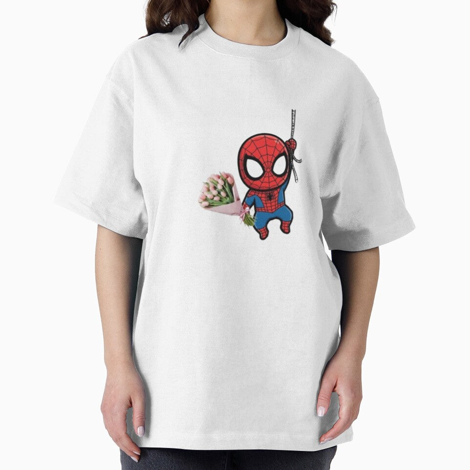Cute Chibi Spider-Man Holding a Pink Tulip Bouquet Casual Print T-Shirt