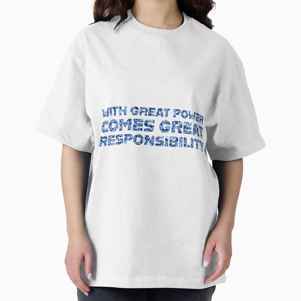 "With Great Power Comes Great Responsibilty" Inspirational Quote Blue Triangular Mosaic Design Casual Print T-Shirt