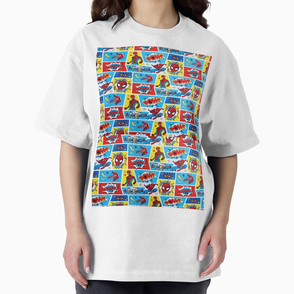 A Fun and Colorful Pattern Featuring Iconic Superheroe Spiderman and Action Phrases in Bright Comic Book Style Classic Graphic Shirt