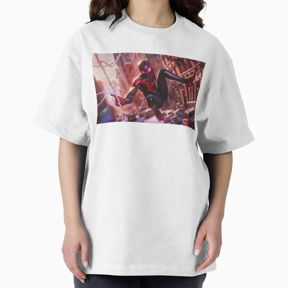 Black Red Spider Hero Swinging Through City | Cyber Spider Fan Art | Urban Superhero Action Illustration Retro Style Tee